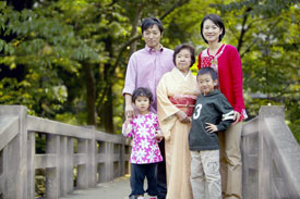 Asian family on bridge