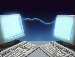 Two computers with an electrical spark between them