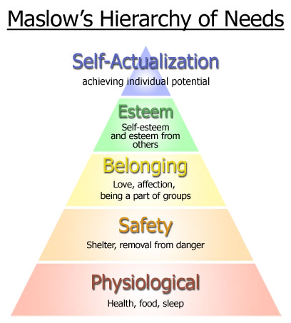 Maslow's Hierarchy of Needs: self-actualization, esteem, belonging, safety, physiological